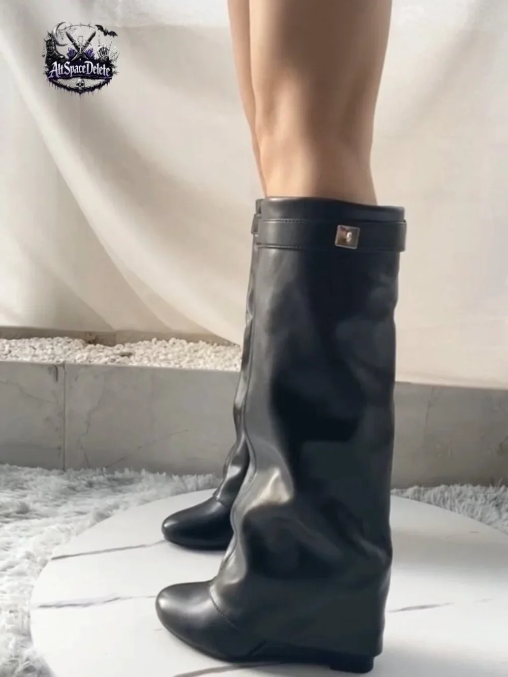 Fold Over Knee High Boots Women Wedge Heel Shark Boots PU Leather_6